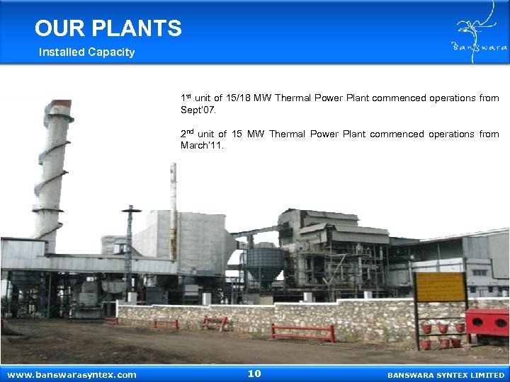 OUR PLANTS Installed Capacity 1 st unit of 15/18 MW Thermal Power Plant commenced