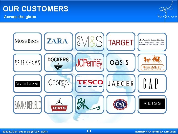 OUR CUSTOMERS Across the globe www. banswarasyntex. com 13 BANSWARA SYNTEX LIMITED 