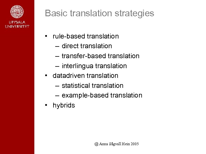 Basic translation strategies • rule-based translation – direct translation – transfer-based translation – interlingua