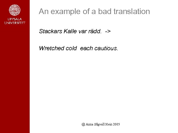 An example of a bad translation Stackars Kalle var rädd. -> Wretched cold each