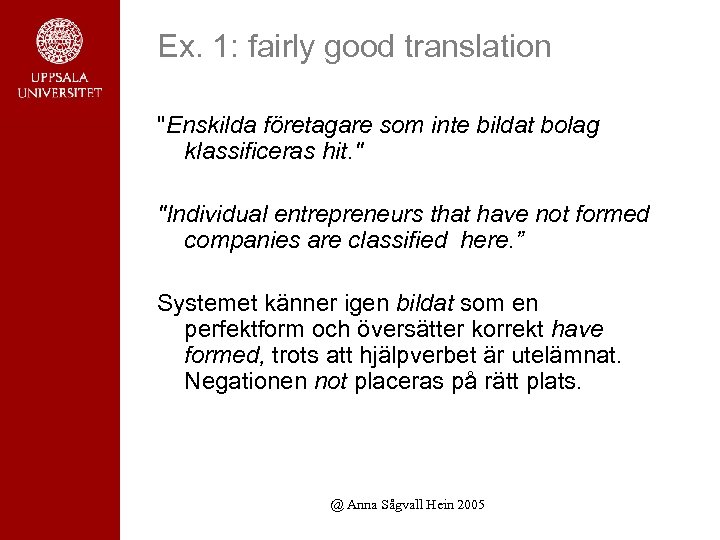 Ex. 1: fairly good translation "Enskilda företagare som inte bildat bolag klassificeras hit. "