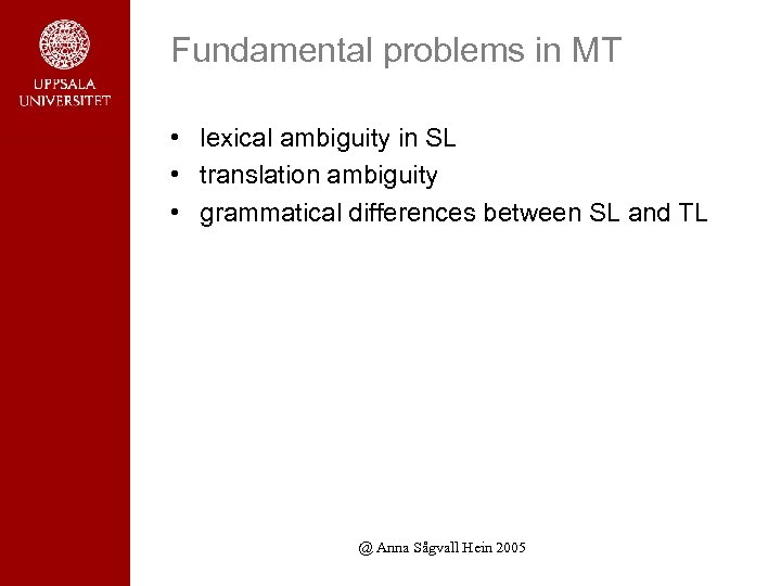 Fundamental problems in MT • lexical ambiguity in SL • translation ambiguity • grammatical