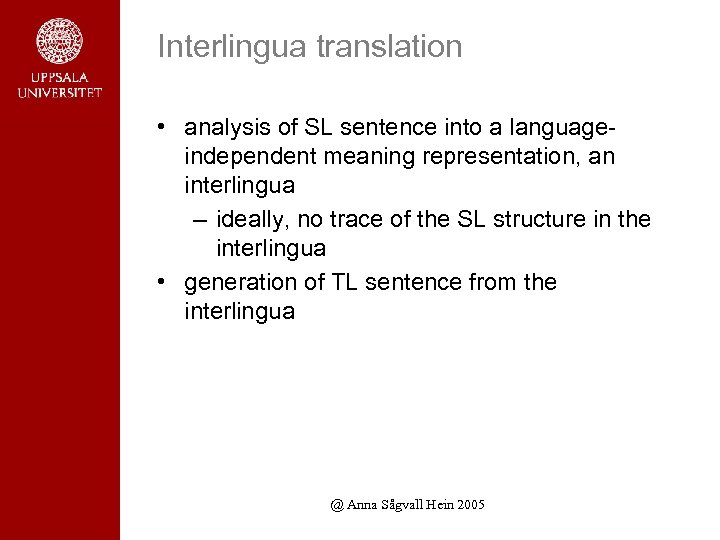 Interlingua translation • analysis of SL sentence into a languageindependent meaning representation, an interlingua