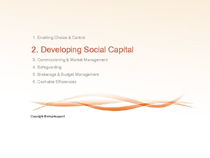 1. Enabling Choice & Control 2. Developing Social Capital 3. Commissioning & Market Management