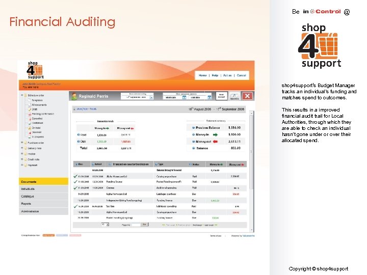 Financial Auditing Be @ shop 4 support‘s Budget Manager tracks an individual’s funding and