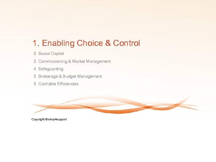 1. Enabling Choice & Control 2. Social Capital 3. Commissioning & Market Management 4.