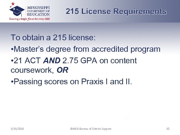 215 License Requirements To obtain a 215 license: • Master’s degree from accredited program