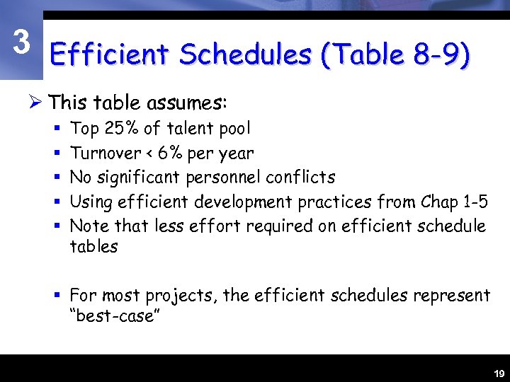 3 Efficient Schedules (Table 8 -9) Ø This table assumes: § § § Top