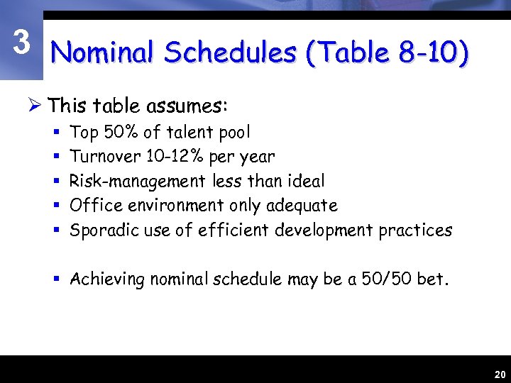 3 Nominal Schedules (Table 8 -10) Ø This table assumes: § § § Top