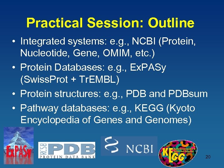 Practical Session: Outline • Integrated systems: e. g. , NCBI (Protein, Nucleotide, Gene, OMIM,