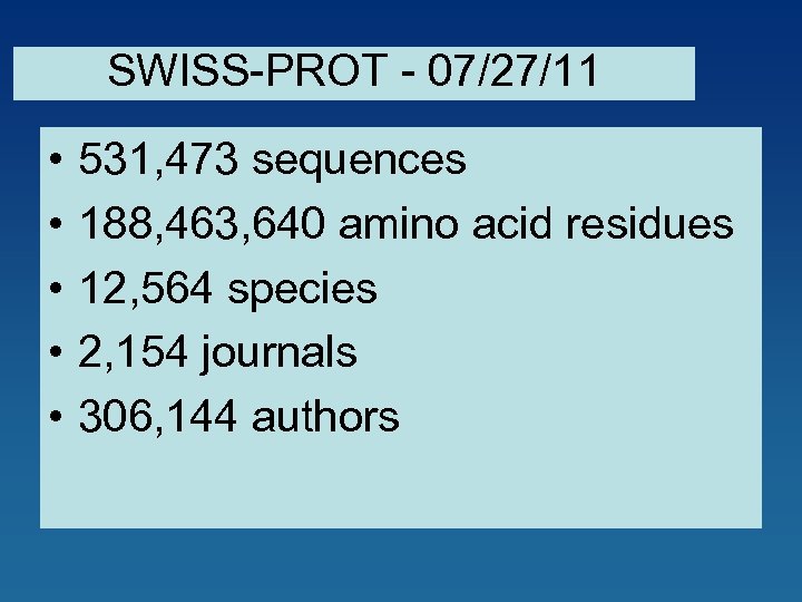 SWISS-PROT - 07/27/11 • • • 531, 473 sequences 188, 463, 640 amino acid