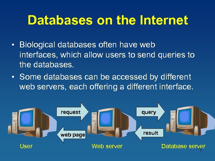 Databases on the Internet • Biological databases often have web interfaces, which allow users