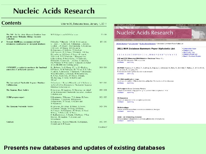 Presents new databases and updates of existing databases 