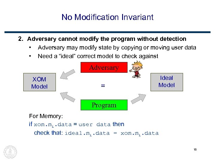 No Modification Invariant 2. Adversary cannot modify the program without detection • Adversary may