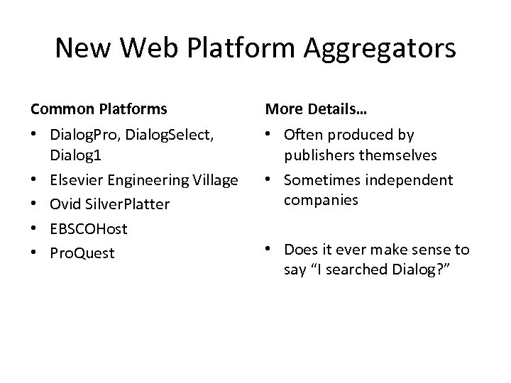 New Web Platform Aggregators Common Platforms More Details… • Dialog. Pro, Dialog. Select, Dialog