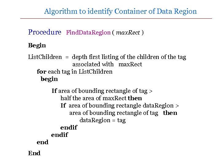 Algorithm to identify Container of Data Region Procedure Find. Data. Region ( max. Rect