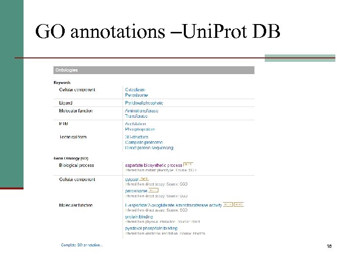GO annotations –Uni. Prot DB 18 