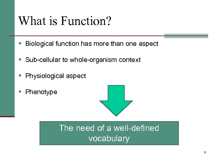 What is Function? § Biological function has more than one aspect § Sub-cellular to