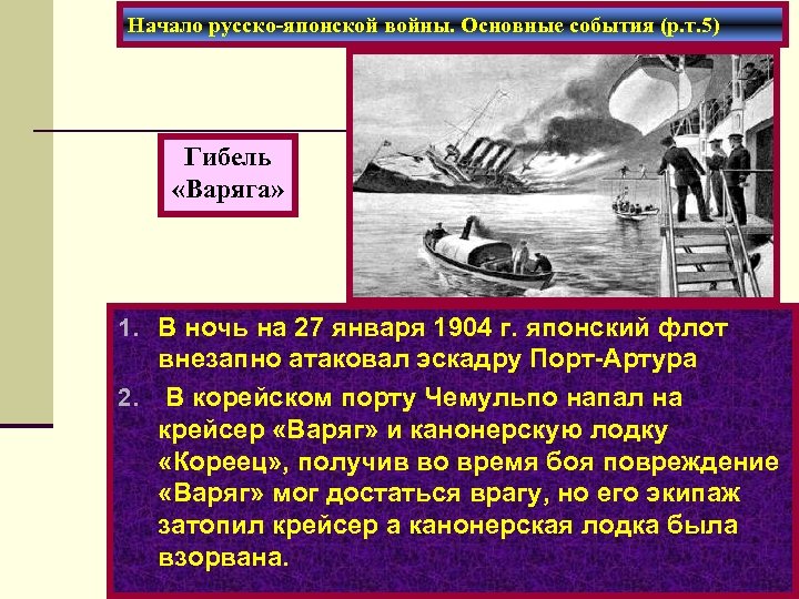 Начало русско-японской войны. Основные события (р. т. 5) Гибель «Варяга» 1. В ночь на
