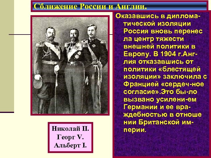 Сближение России и Англии. Николай II. Георг V. Альберт I. Оказавшись в дипломатической изоляции