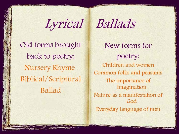 Lyrical Ballads Old forms brought back to poetry: Nursery Rhyme Biblical/Scriptural Ballad New forms