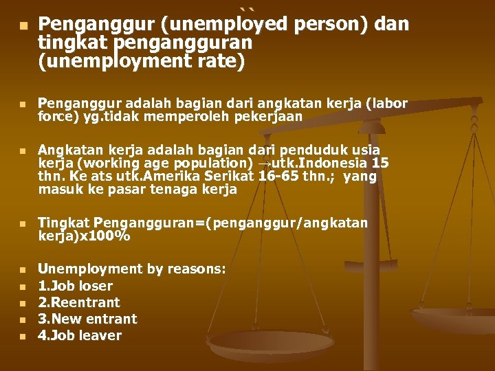  `` Penganggur (unemployed person) dan tingkat pengangguran (unemployment rate) Penganggur adalah bagian dari