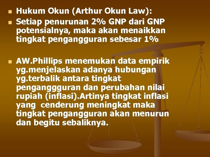  Hukum Okun (Arthur Okun Law): Setiap penurunan 2% GNP dari GNP potensialnya, maka