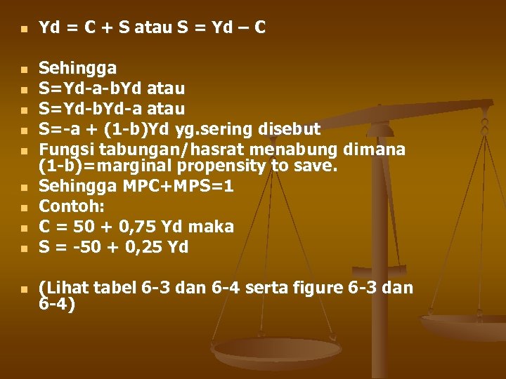  Yd = C + S atau S = Yd – C Sehingga S=Yd-a-b.