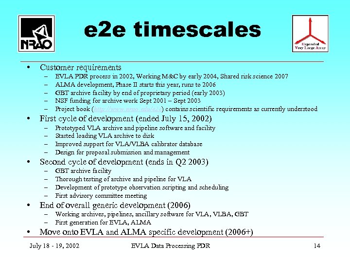 e 2 e timescales • Customer requirements – – – • First cycle of