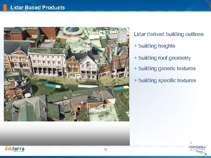 Lidar Based Products Lidar derived building outlines + building heights + building roof geometry