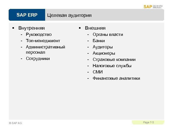 SAP ERP Целевая аудитория § Внутренняя - Руководство - Топ-менеджмент - Административный персонал -