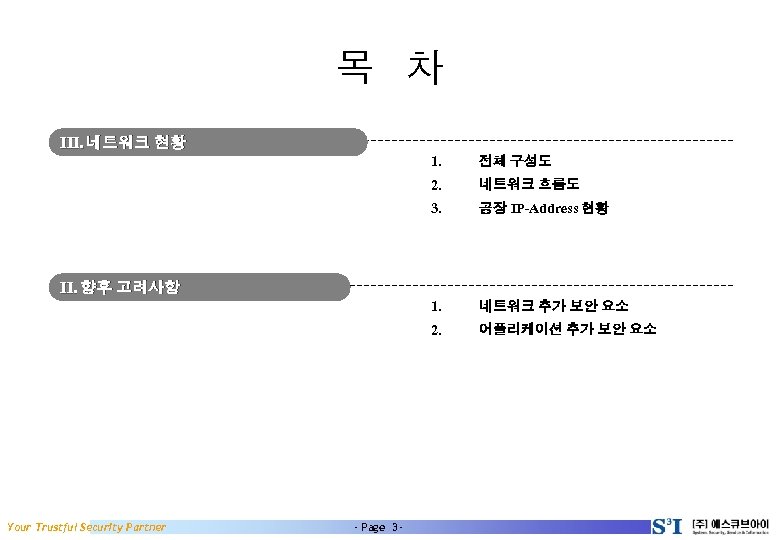 목 차 III. 네트워크 현황 1. 전체 구성도 2. 네트워크 흐름도 3. 공장 IP-Address