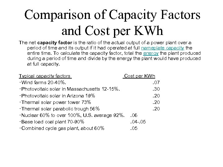 Comparison of Capacity Factors and Cost per KWh The net capacity factor is the
