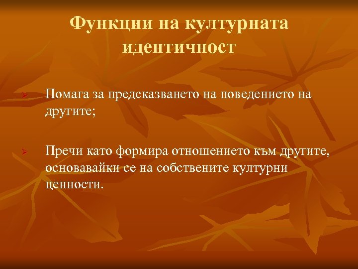 Функции на културната идентичност Ø Ø Помага за предсказването на поведението на другите; Пречи