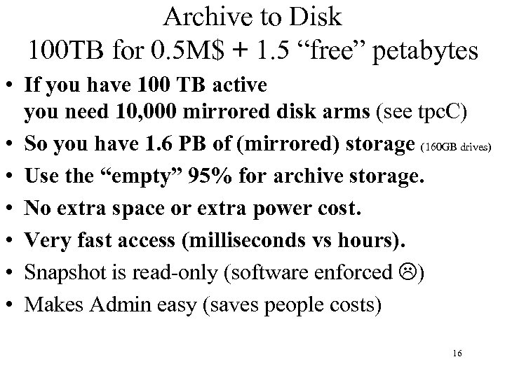 Archive to Disk 100 TB for 0. 5 M$ + 1. 5 “free” petabytes