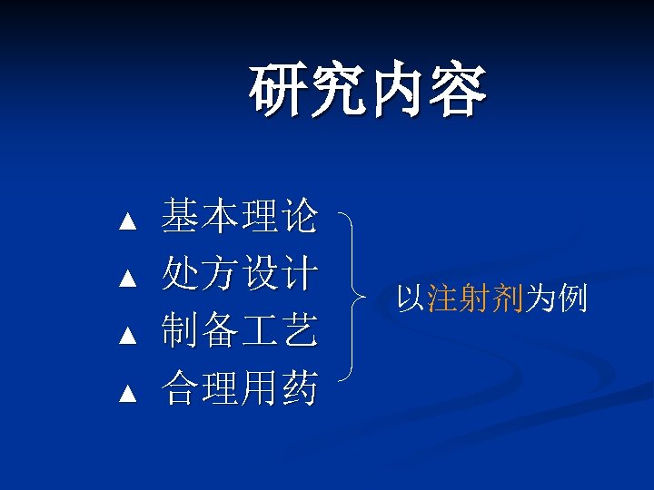 研究内容 ▲ ▲ 基本理论 处方设计 制备 艺 合理用药 以注射剂为例 