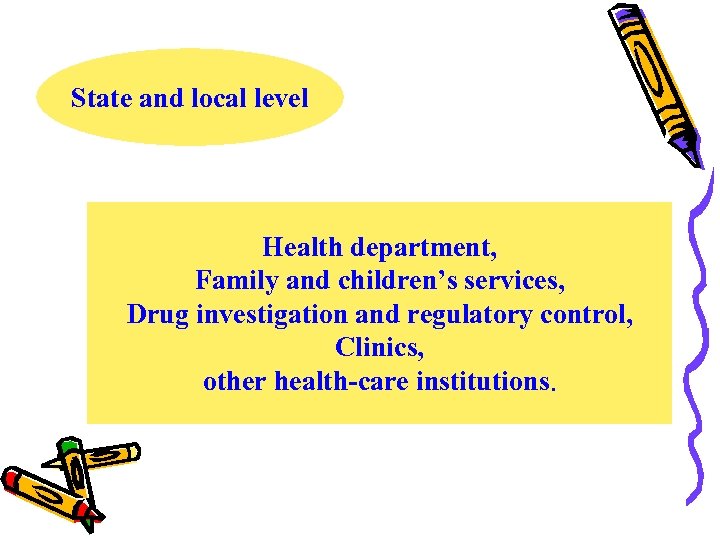 State and local level Health department, Family and children’s services, Drug investigation and regulatory