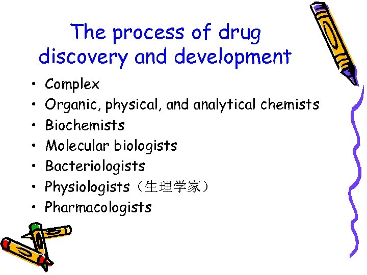 The process of drug discovery and development • • Complex Organic, physical, and analytical