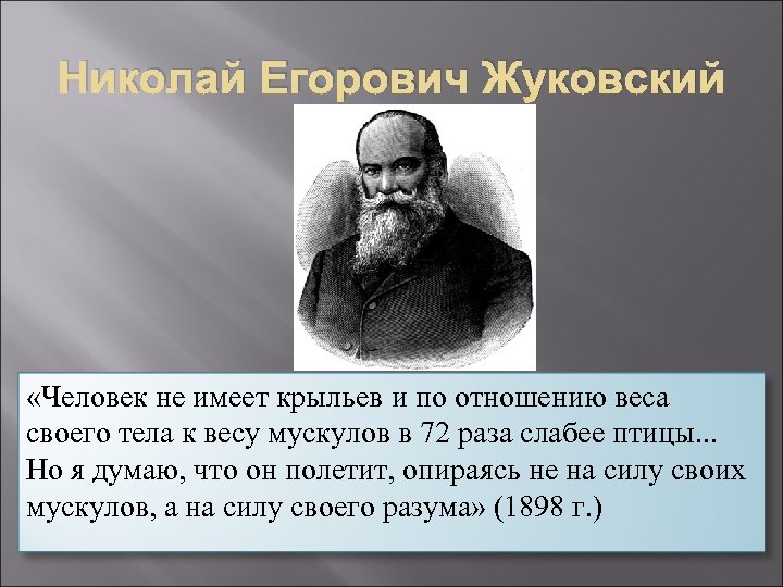 Николай Егорович Жуковский «Человек не имеет крыльев и по отношению веса своего тела к