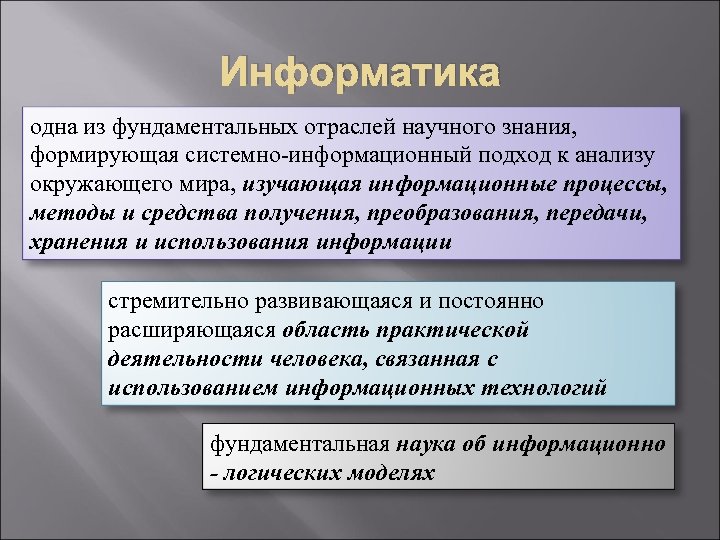 Информатика одна из фундаментальных отраслей научного знания, формирующая системно-информационный подход к анализу окружающего мира,