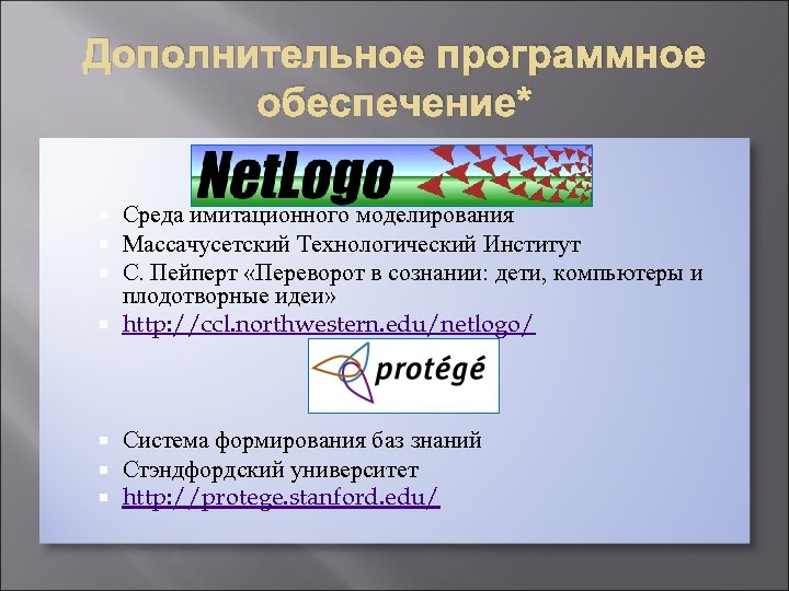 Дополнительное программное обеспечение* Среда имитационного моделирования Массачусетский Технологический Институт С. Пейперт «Переворот в сознании: