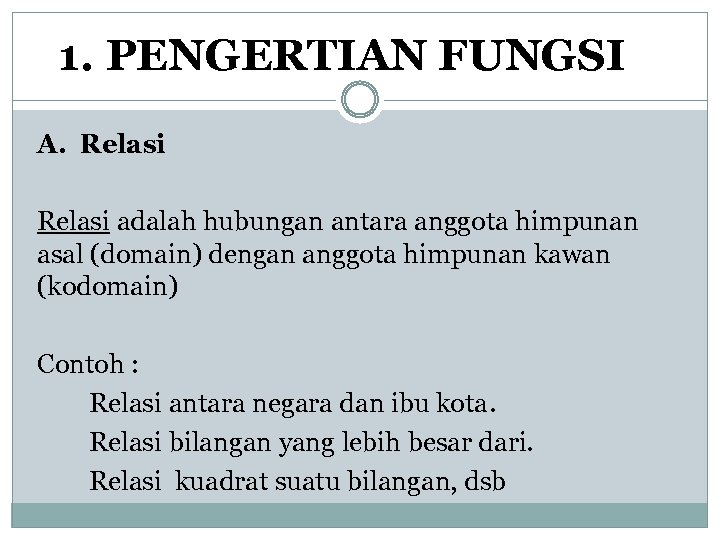 1. PENGERTIAN FUNGSI A. Relasi adalah hubungan antara anggota himpunan asal (domain) dengan anggota
