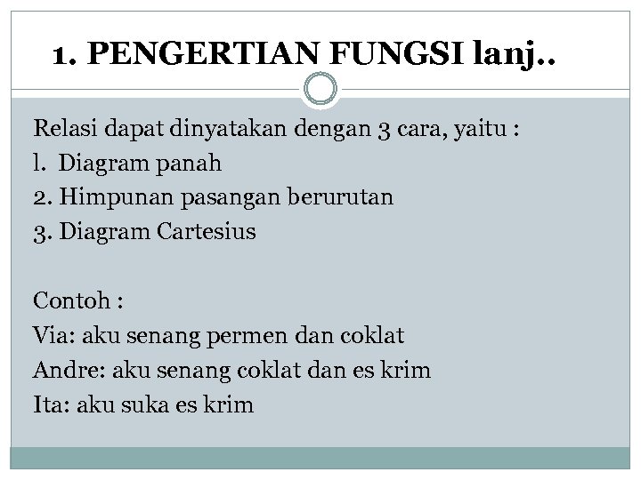 1. PENGERTIAN FUNGSI lanj. . Relasi dapat dinyatakan dengan 3 cara, yaitu : l.