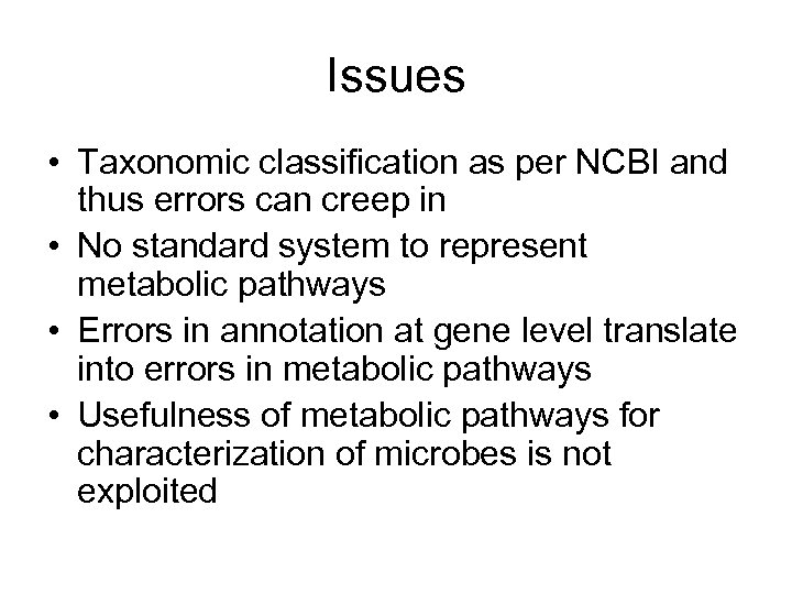 Issues • Taxonomic classification as per NCBI and thus errors can creep in •