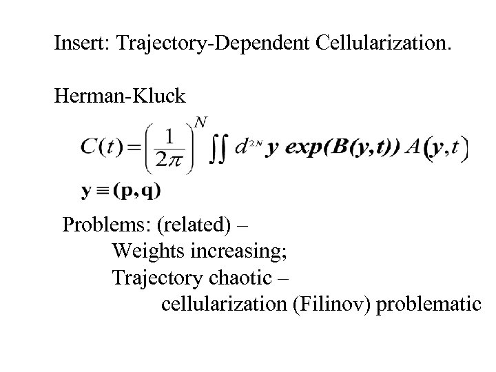 Insert: Trajectory-Dependent Cellularization. Herman-Kluck Problems: (related) – Weights increasing; Trajectory chaotic – cellularization (Filinov)