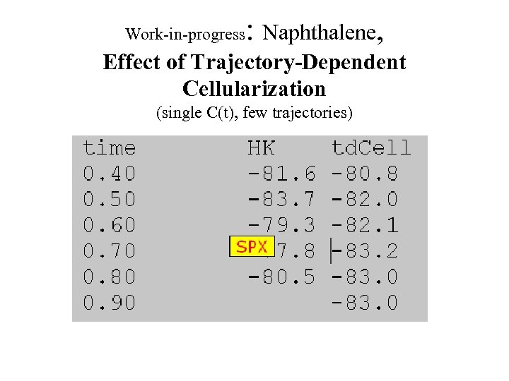 Work-in-progress : Naphthalene, Effect of Trajectory-Dependent Cellularization (single C(t), few trajectories) 