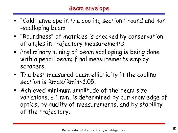 Beam envelope § “Cold” envelope in the cooling section : round and non -scalloping