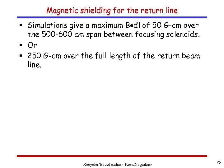 Magnetic shielding for the return line § Simulations give a maximum B dl of