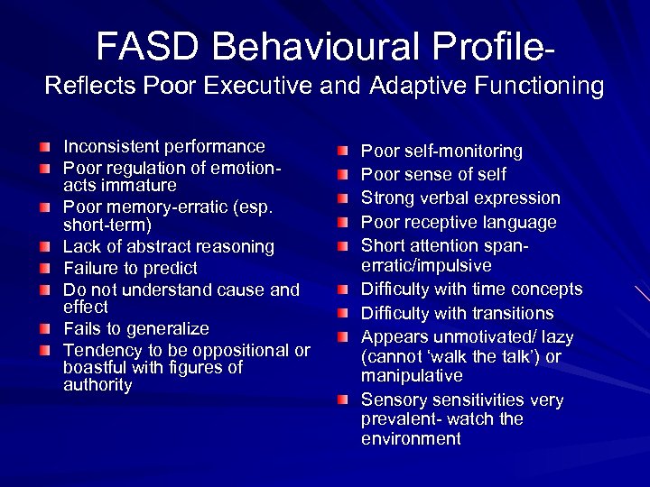 FASD Behavioural Profile. Reflects Poor Executive and Adaptive Functioning Inconsistent performance Poor regulation of