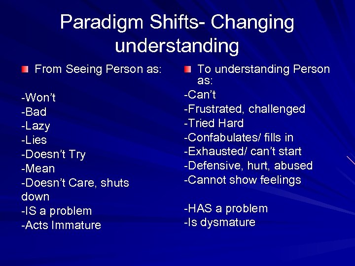 Paradigm Shifts- Changing understanding From Seeing Person as: -Won’t -Bad -Lazy -Lies -Doesn’t Try